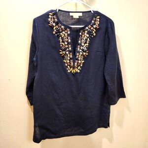 Michael by Michael Kors Black 100% Linen Beated Tunic Top Size S